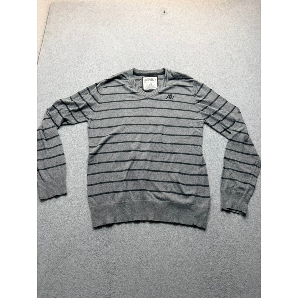 Aeropostale Mens Gray Striped V-Neck Sweater A87 Logo Cotton Wool Blend Large